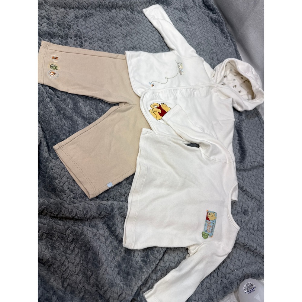Disney Baby Winnie the Pooh 3 Piece Set 6-9M White Tan‎ Cardigan Shirt Pants